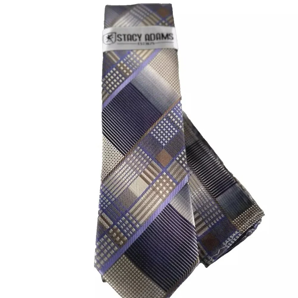 Stacy Adams Men's Tie & Hanky Beige Purple Rust Lilac Silver Plaids 3.25